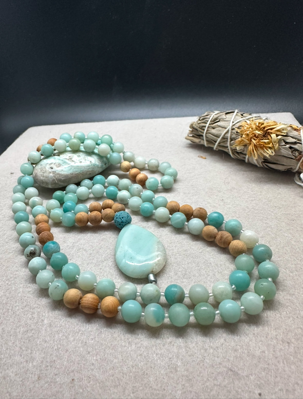 Amazonite and Sandalwood journey beads