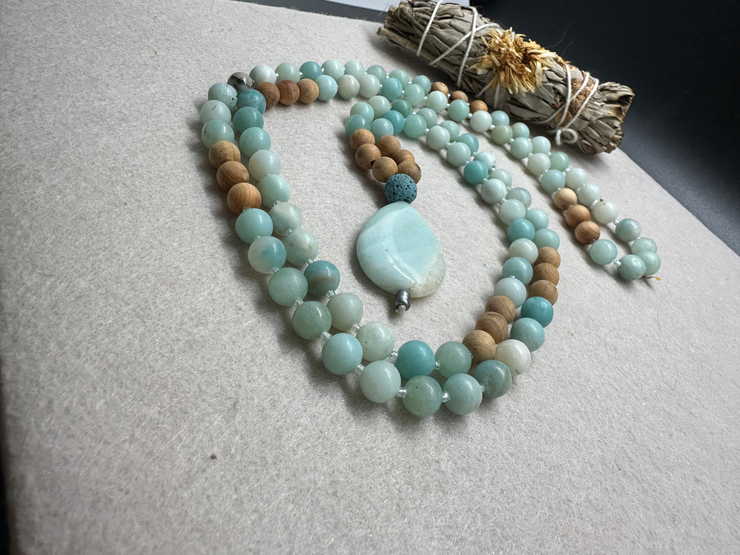 Amazonite and Sandalwood journey beads