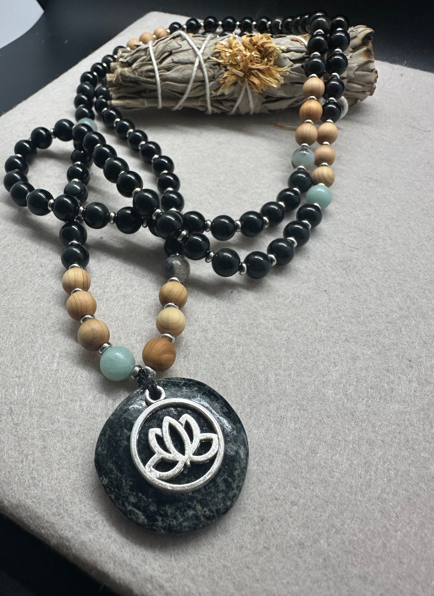Protective Obsidian with Amazonite and Sandalwood Journey Beads