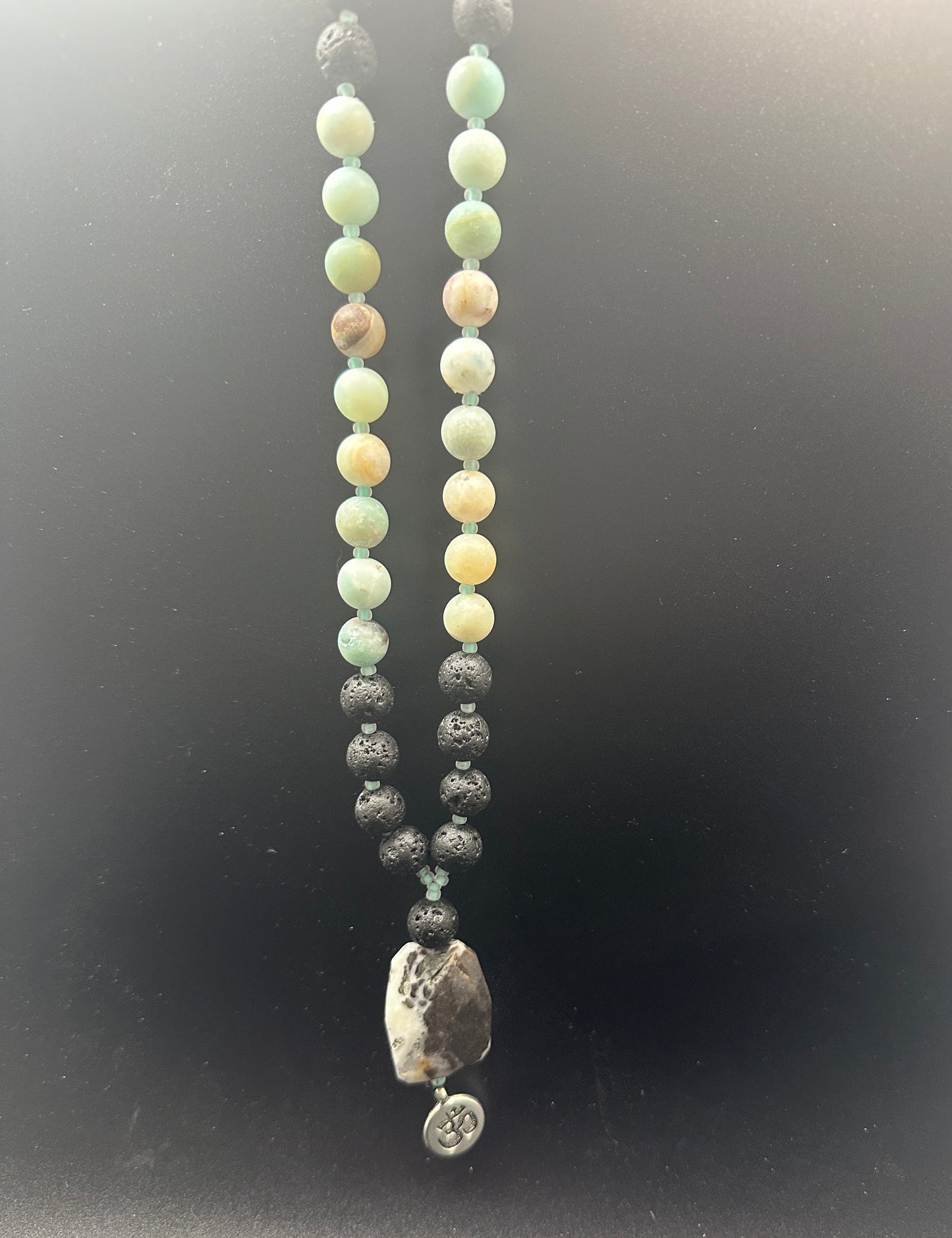 Amazonite & Lava Rock Rear-View Mirror Mala with OM Charm