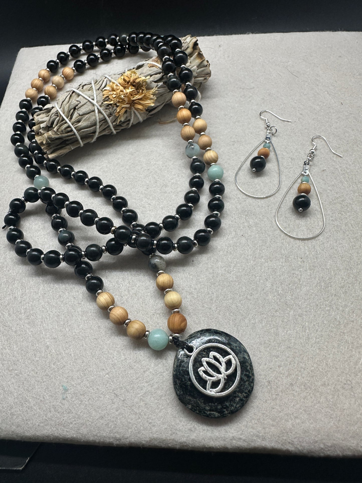 Protective Obsidian with Amazonite and Sandalwood Journey Beads