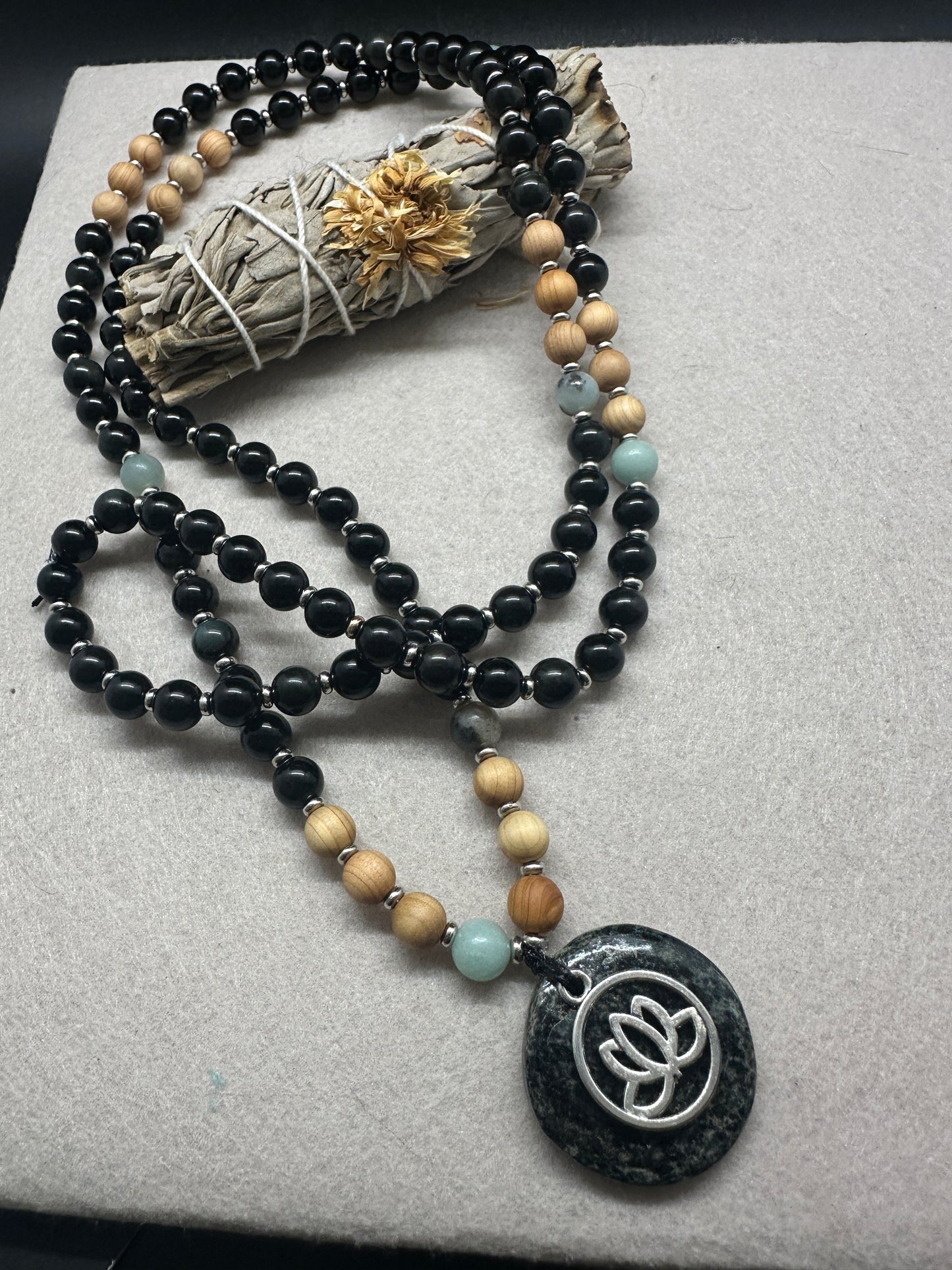 Protective Obsidian with Amazonite and Sandalwood Journey Beads