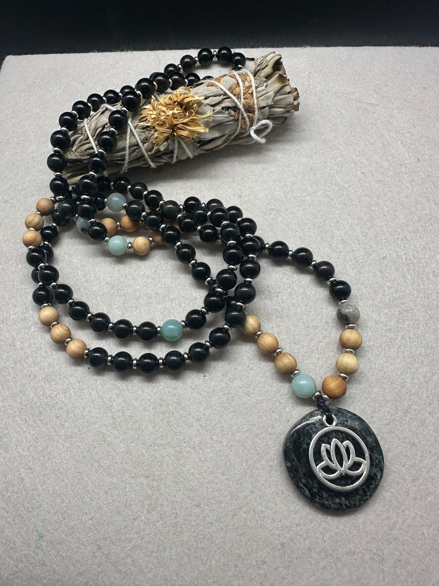 Protective Obsidian with Amazonite and Sandalwood Journey Beads