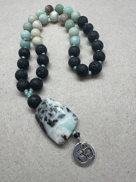 Amazonite & Lava Rock Rear-View Mirror Mala with OM Charm