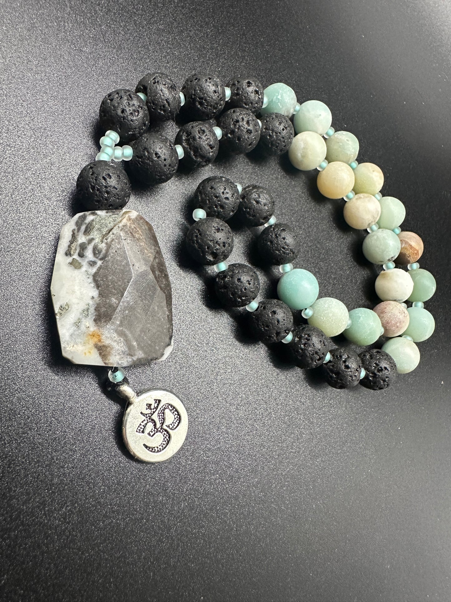 Amazonite & Lava Rock Rear-View Mirror Mala with OM Charm