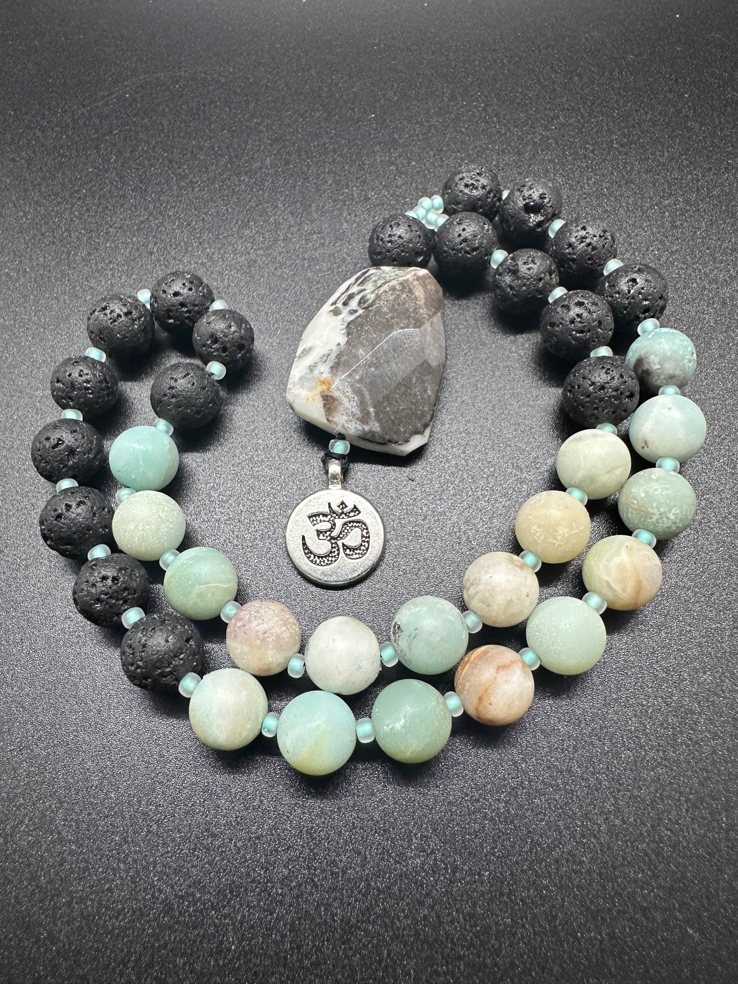 Amazonite & Lava Rock Rear-View Mirror Mala with OM Charm