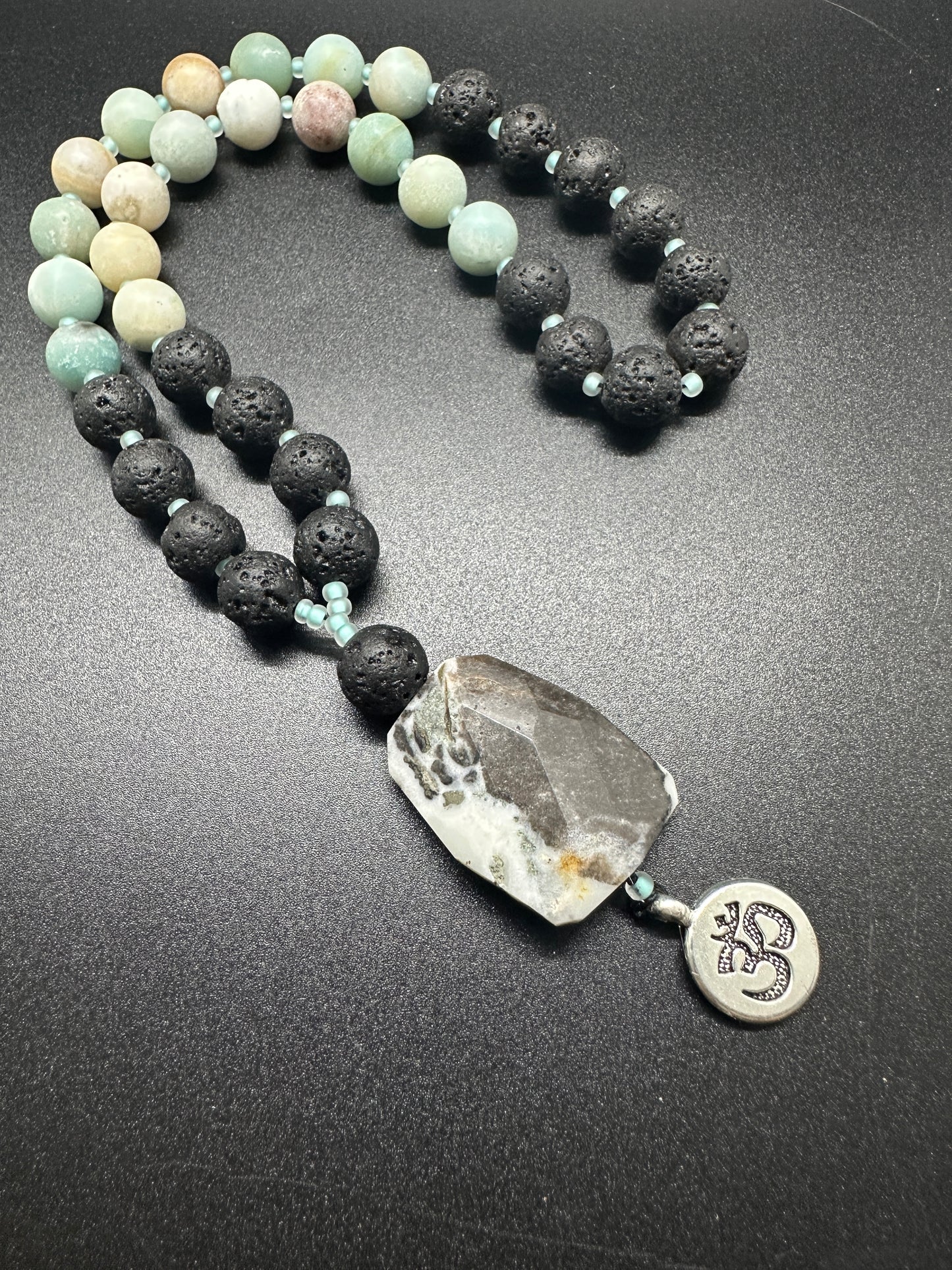 Amazonite & Lava Rock Rear-View Mirror Mala with OM Charm
