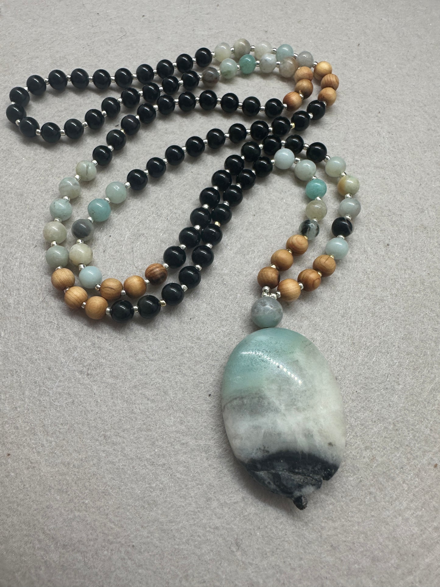 🍂 Fall Vibes Mala — Amazonite, Sandalwood & Obsidian