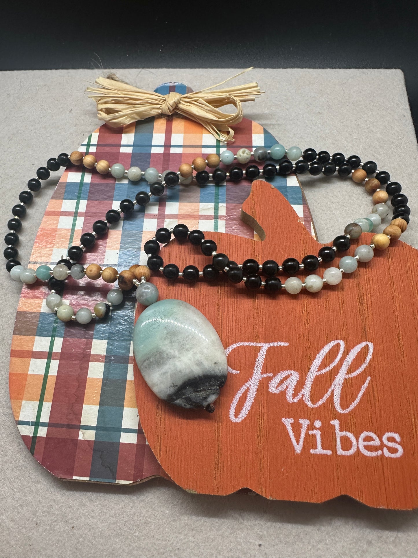 🍂 Fall Vibes Mala — Amazonite, Sandalwood & Obsidian
