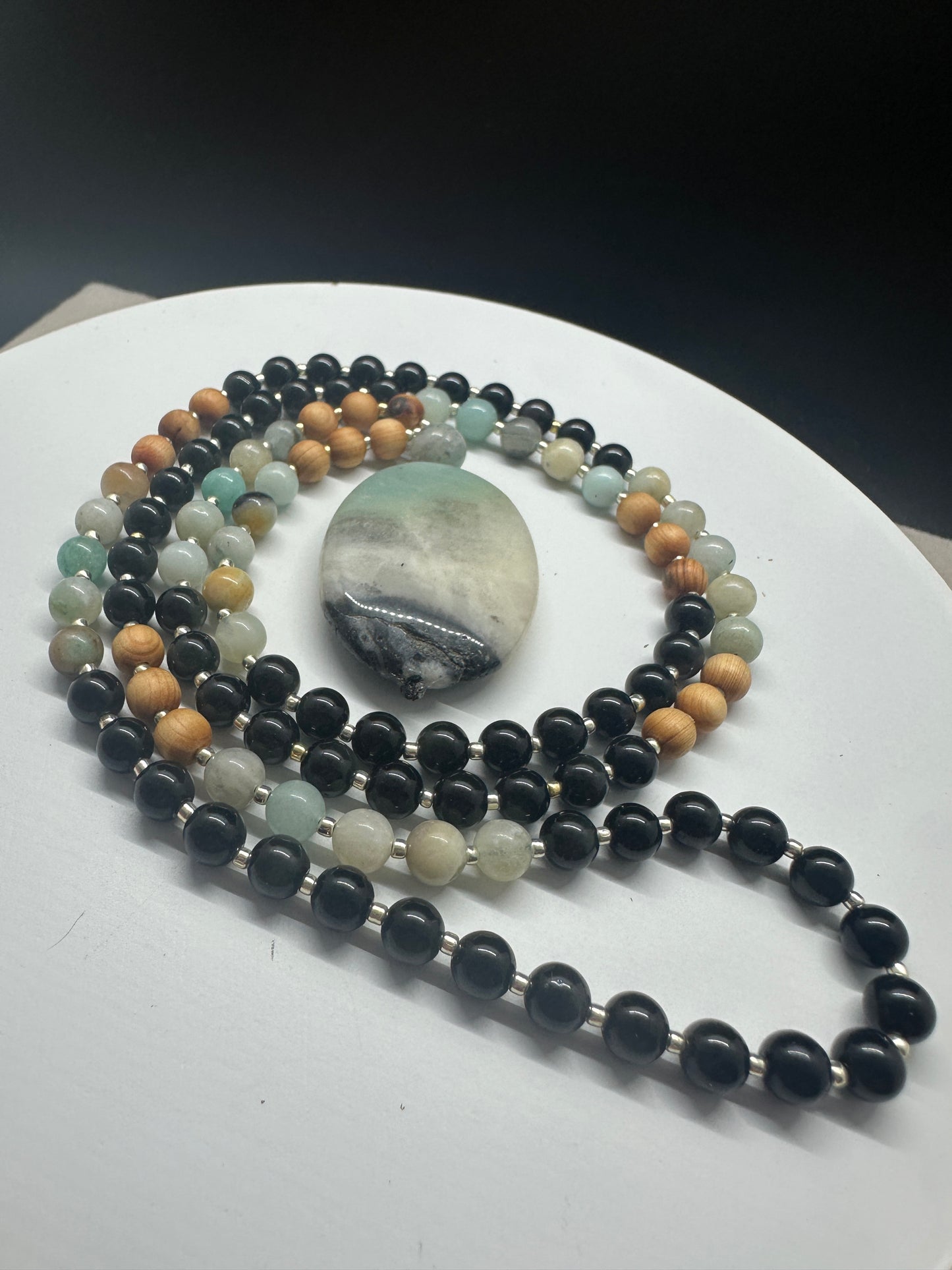 🍂 Fall Vibes Mala — Amazonite, Sandalwood & Obsidian