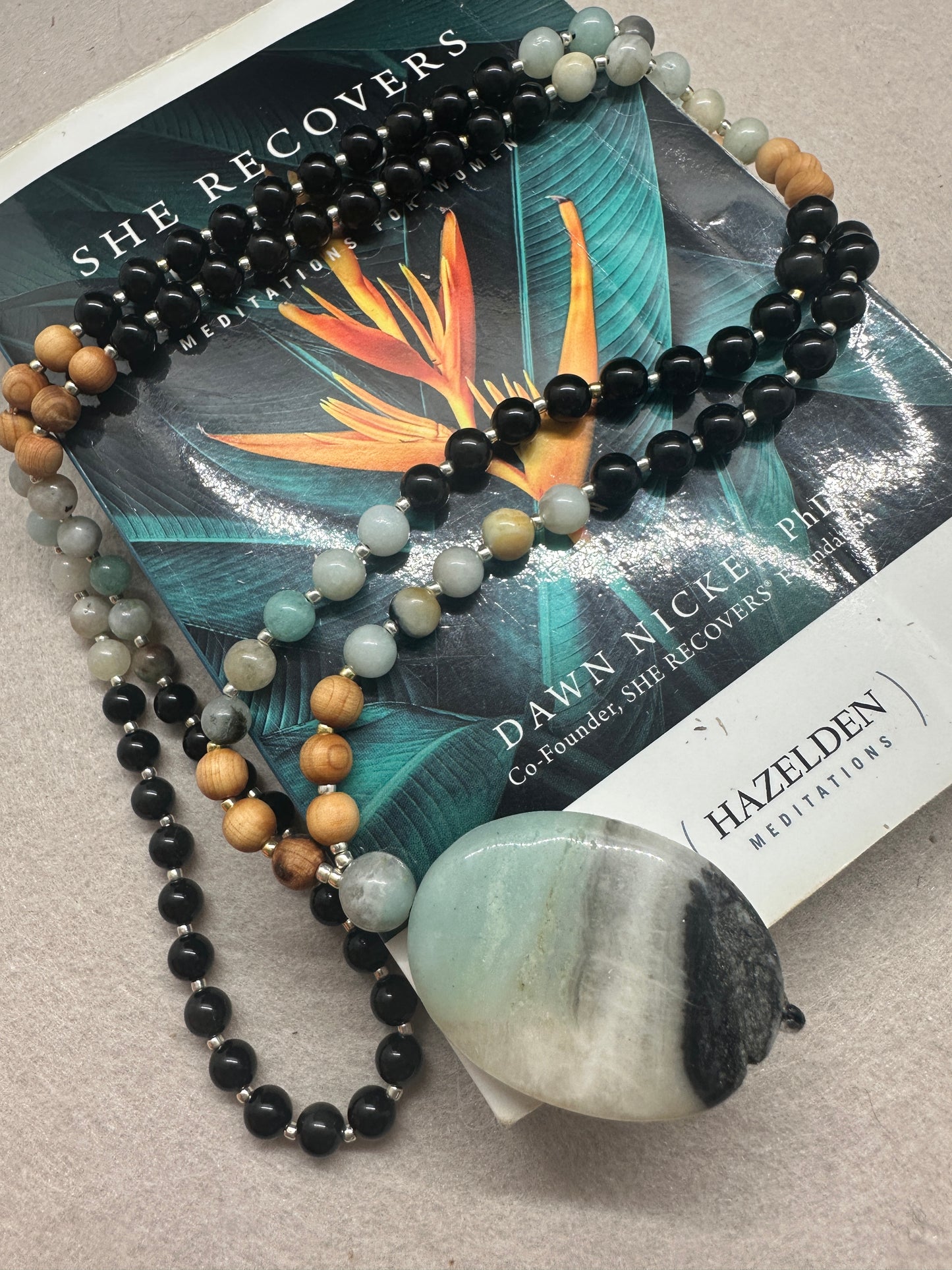 🍂 Fall Vibes Mala — Amazonite, Sandalwood & Obsidian
