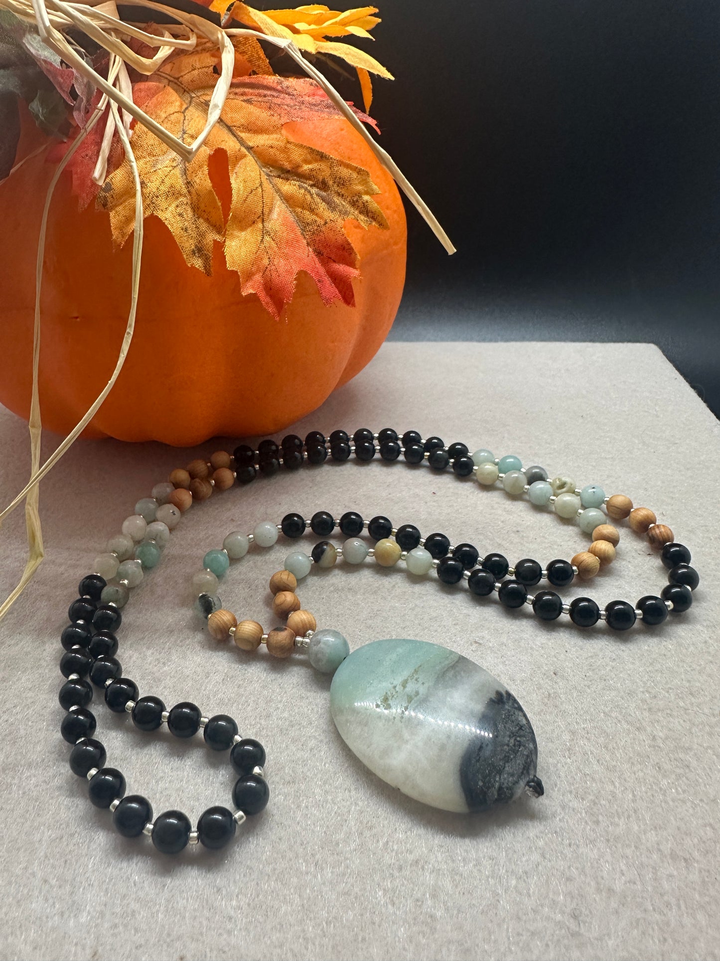 🍂 Fall Vibes Mala — Amazonite, Sandalwood & Obsidian