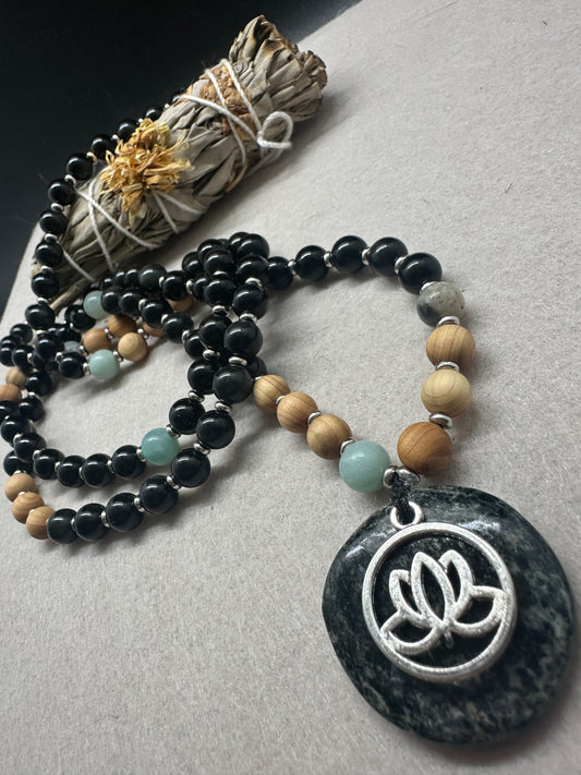 Protective Obsidian with Amazonite and Sandalwood Journey Beads