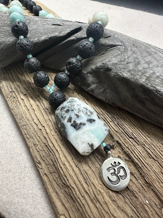 Amazonite & Lava Rock Rear-View Mirror Mala with OM Charm
