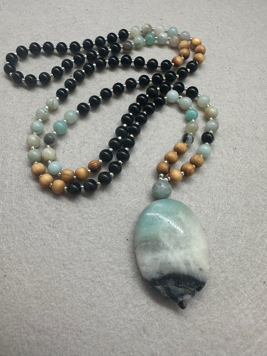 🍂 Fall Vibes Mala — Amazonite, Sandalwood & Obsidian