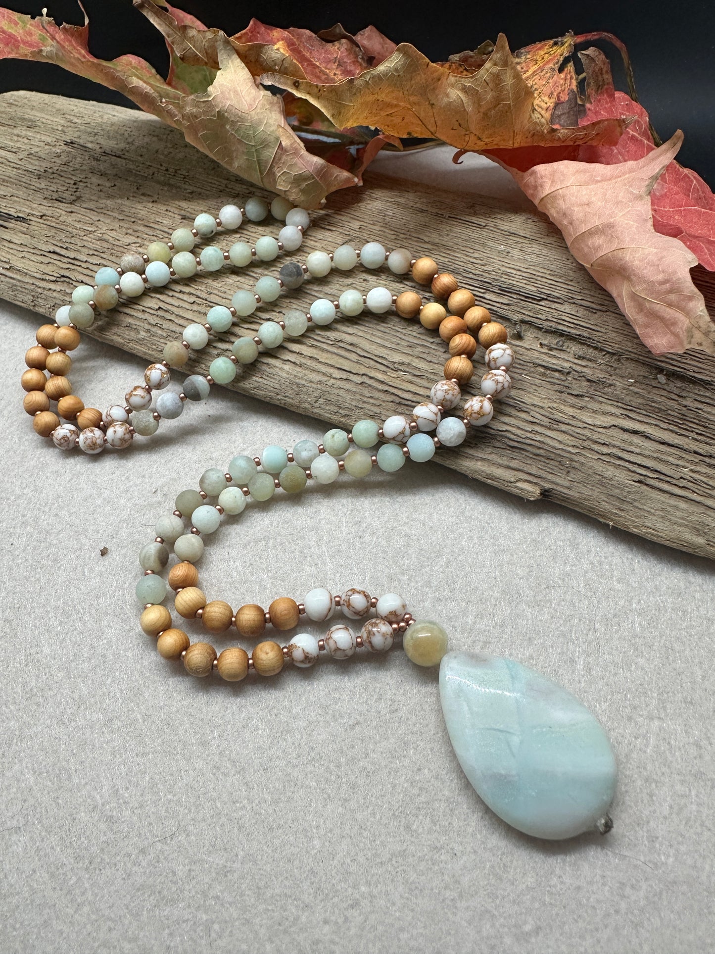 Amazonite, Copper Veined Howlite & Sandalwood Mala