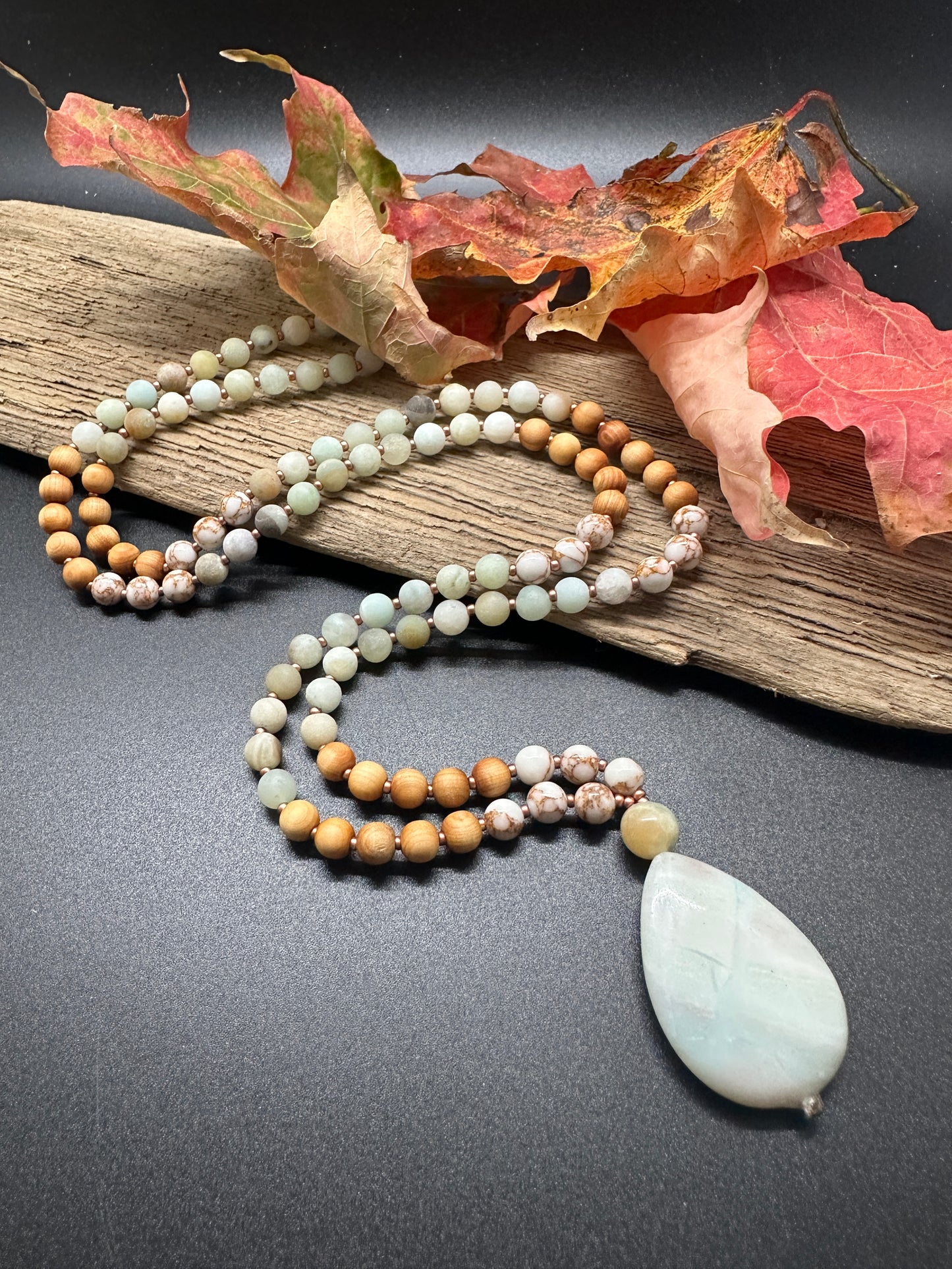 Amazonite, Copper Veined Howlite & Sandalwood Mala