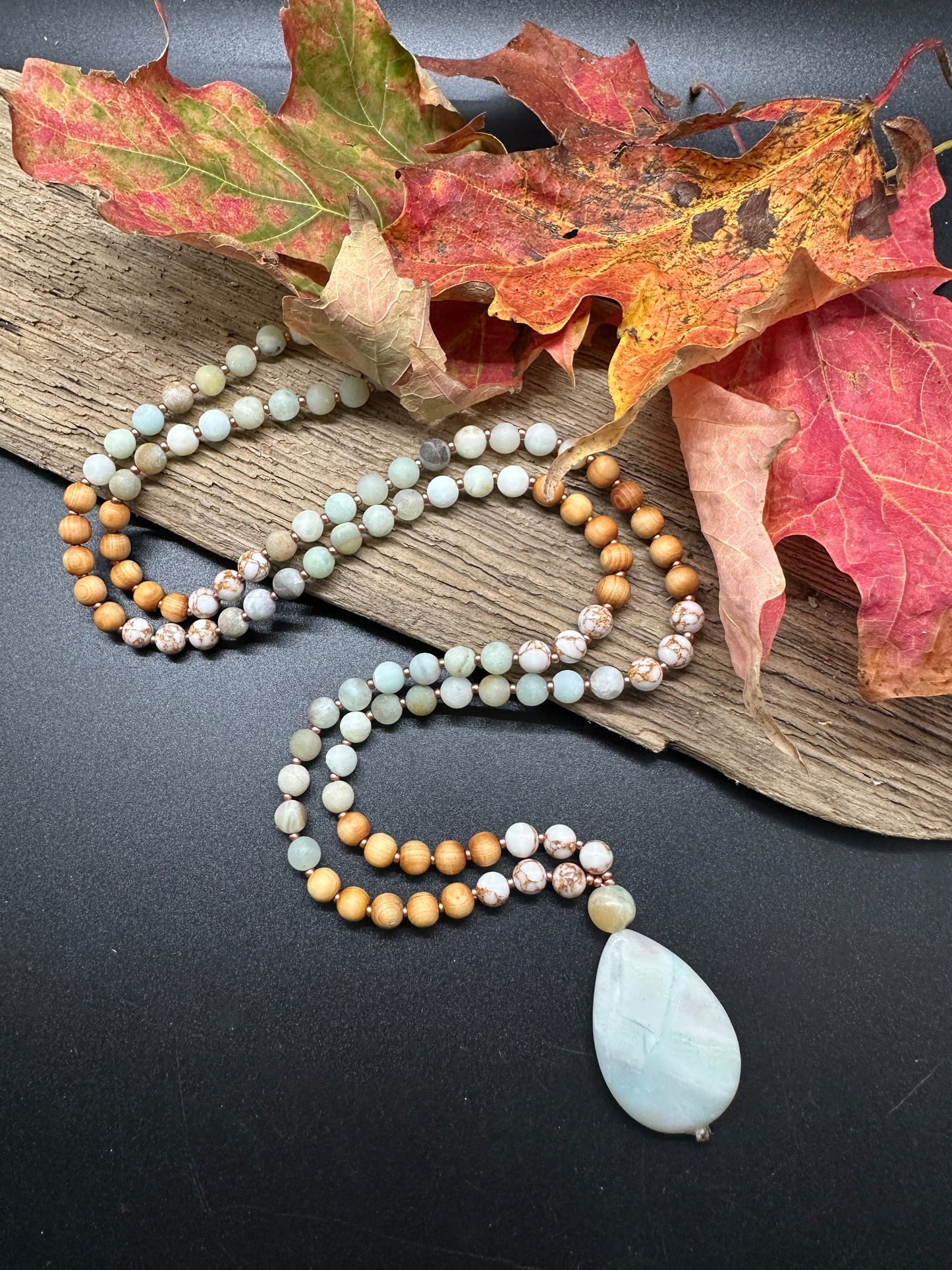 Amazonite, Copper Veined Howlite & Sandalwood Mala