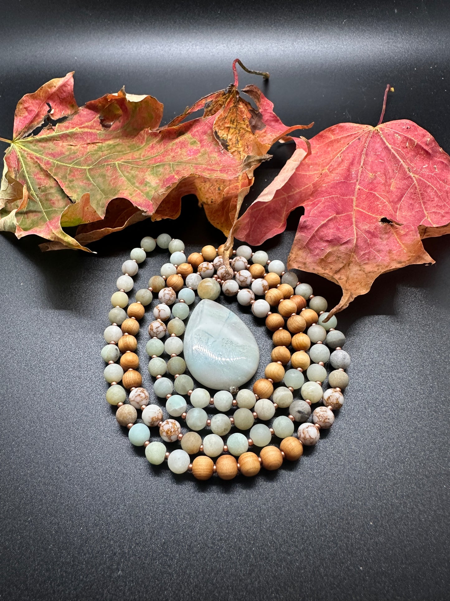 Amazonite, Copper Veined Howlite & Sandalwood Mala