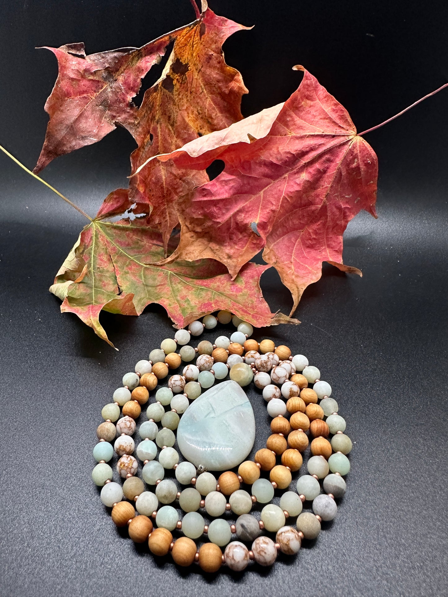 Amazonite, Copper Veined Howlite & Sandalwood Mala