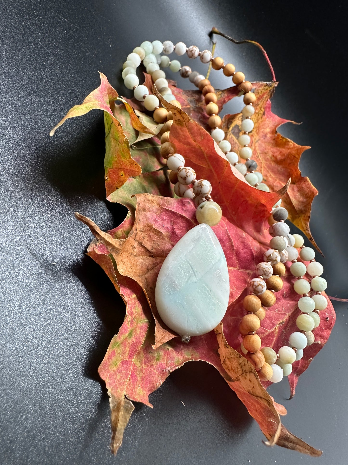 Amazonite, Copper Veined Howlite & Sandalwood Mala