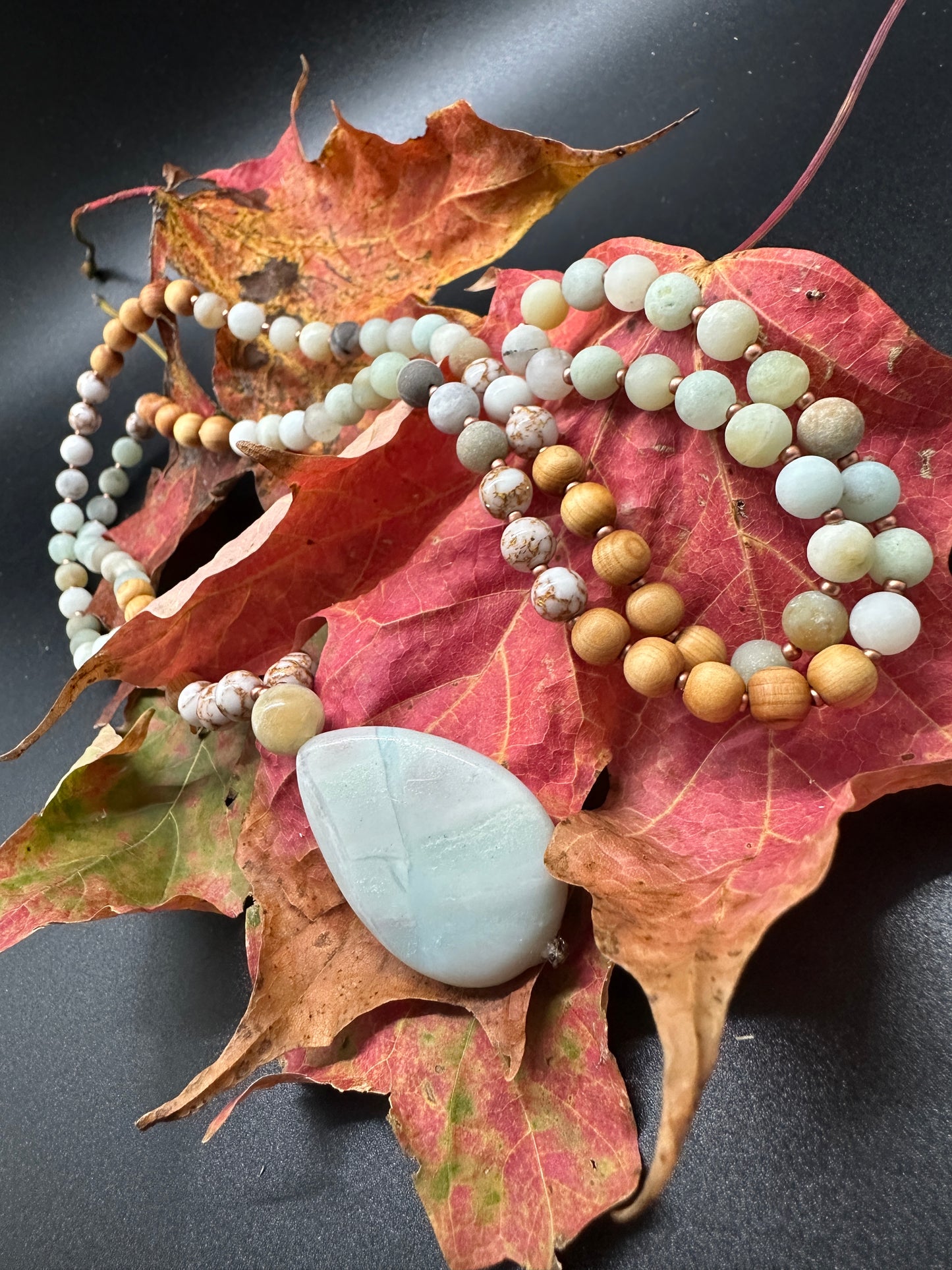 Amazonite, Copper Veined Howlite & Sandalwood Mala