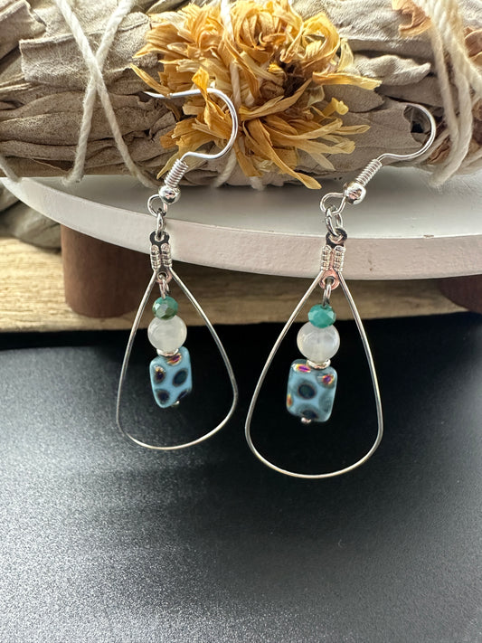 White Jade & Art Glass Teardrop Earrings