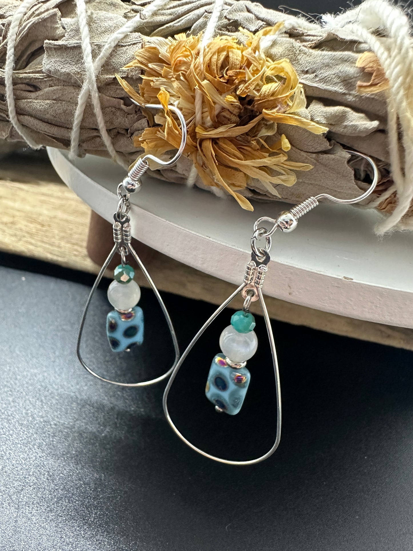 White Jade & Art Glass Teardrop Earrings