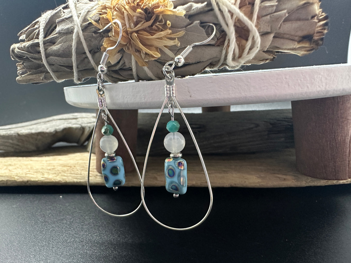 White Jade & Art Glass Teardrop Earrings