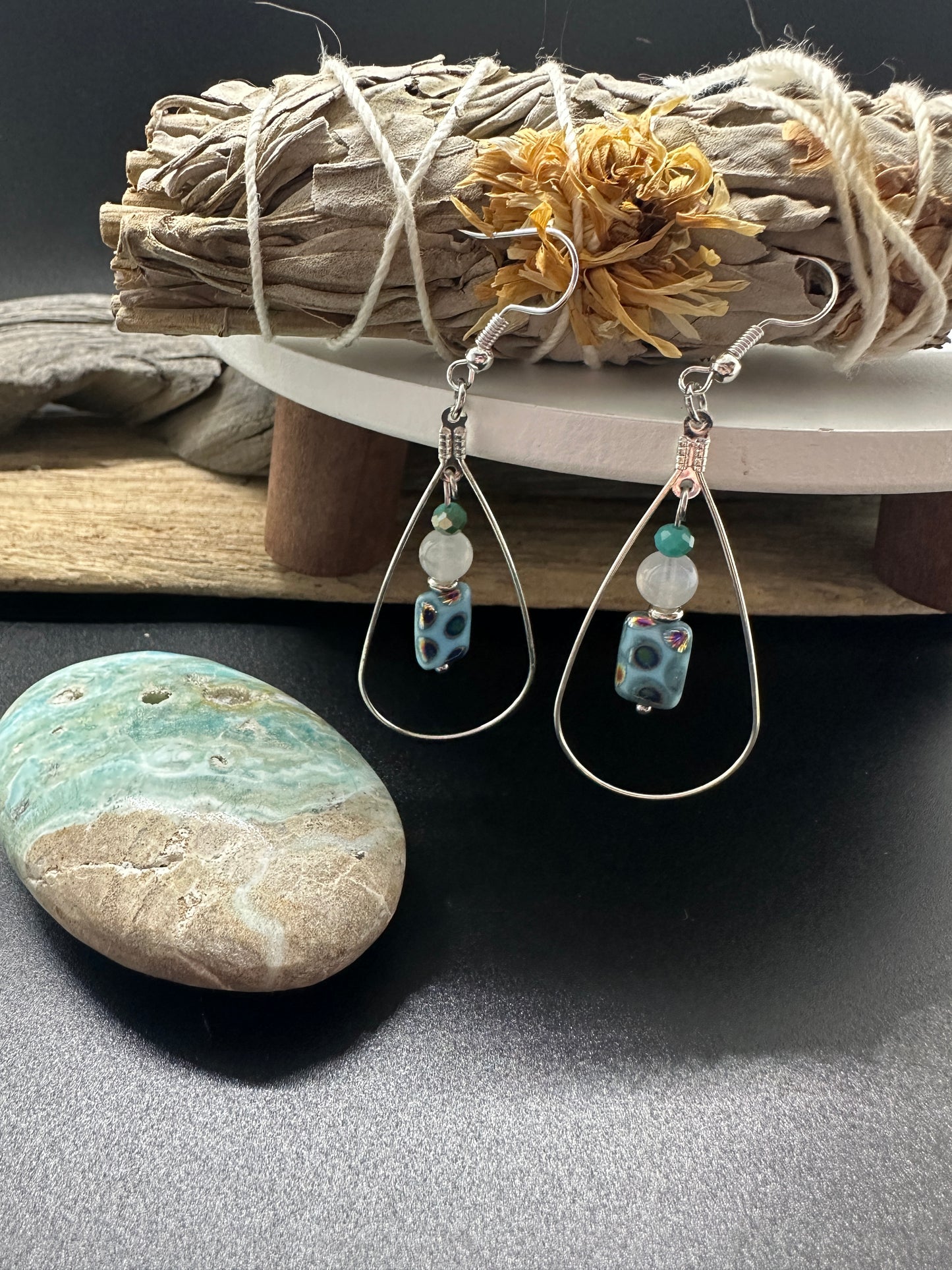 White Jade & Art Glass Teardrop Earrings